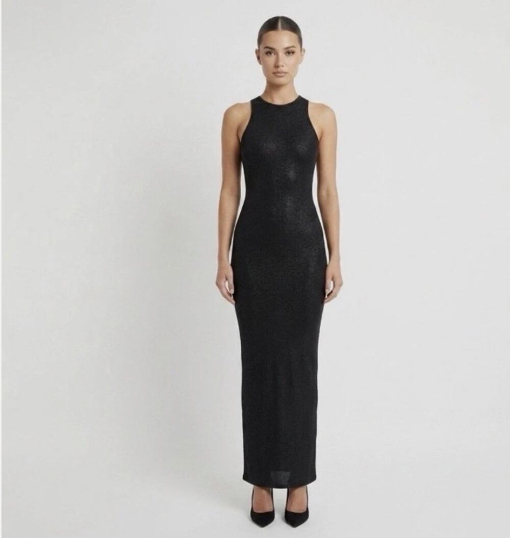 SKIMS Lounge Rib Full Length Maxi Dress M Shimmer Black Racerback Bodycon Chic